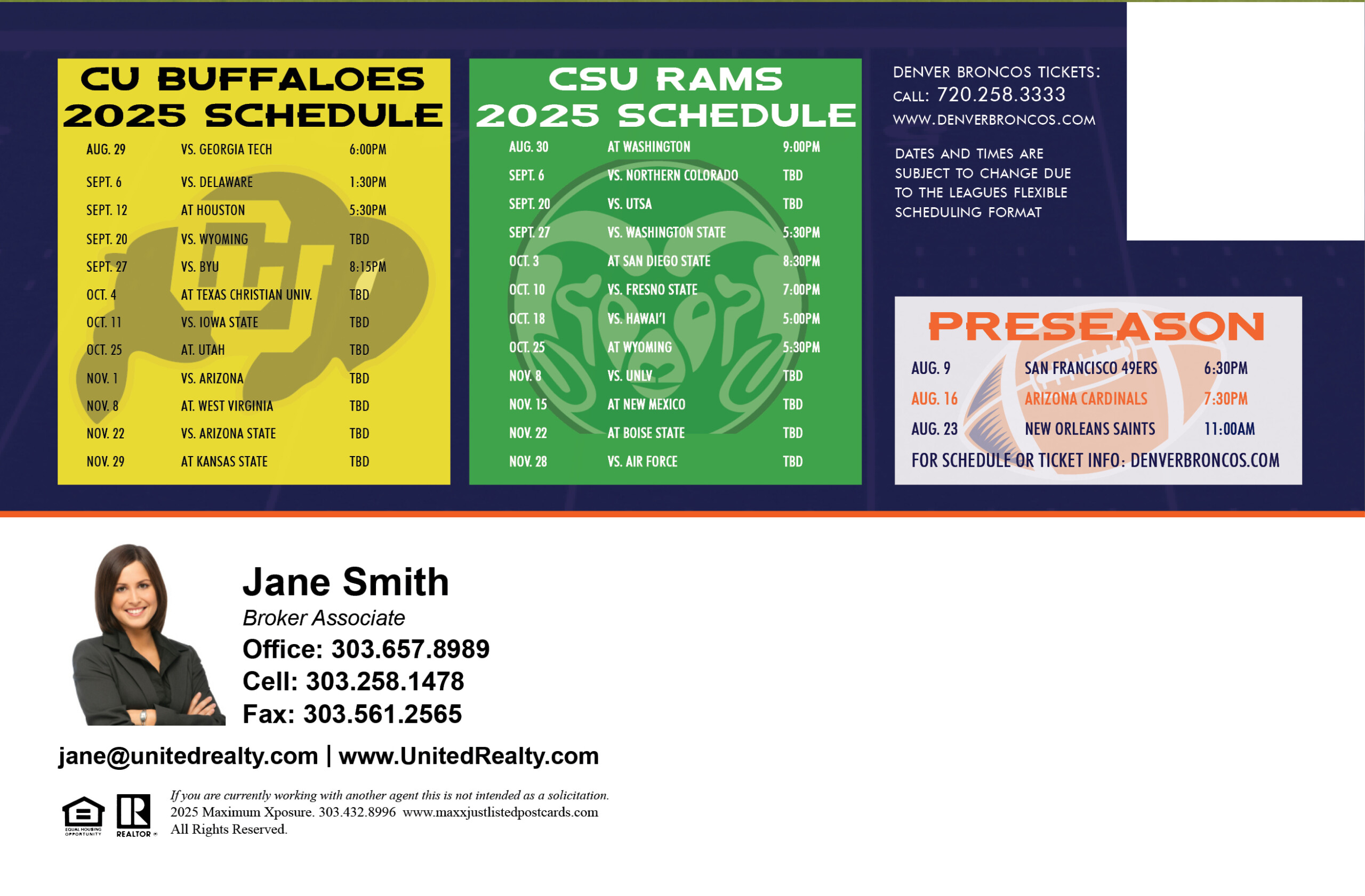 Denver Football Schedule postcard back 